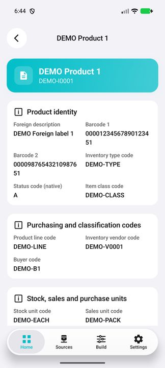 Product identity, both barcodes and purchasing/classification codes. — Native Cifru DEMO, entirely fictional; not a real ERP connection test.