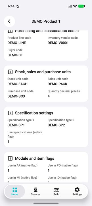Distinct stock, sales and purchase units, decimal precision and specification settings. — Native Cifru DEMO, entirely fictional; not a real ERP connection test.