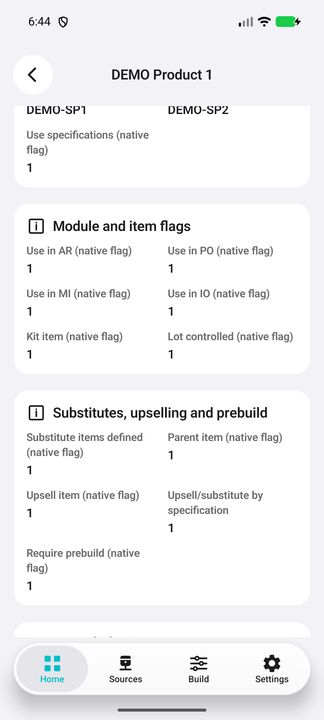 Complete module, kit, lot, substitute, upsell and prebuild flags. — Native Cifru DEMO, entirely fictional; not a real ERP connection test.