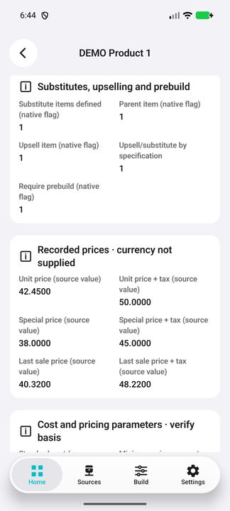 All recorded price values with the visible currency-not-supplied warning. — Native Cifru DEMO, entirely fictional; not a real ERP connection test.