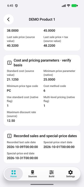 Complete cost/pricing parameters and sales/special-price dates; verify source basis. — Native Cifru DEMO, entirely fictional; not a real ERP connection test.