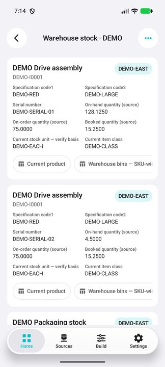 Complete warehouse stock cards with different serials, specifications, stock unit and recorded quantities. — Native Cifru DEMO, entirely fictional; not a real ERP connection test.