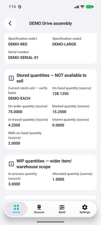 Stored quantities and work-in-process Details; the wider item/warehouse scope is visibly labelled. — Native Cifru DEMO, entirely fictional; not a real ERP connection test.
