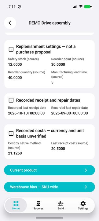 Replenishment settings, receipt/repair dates, source cost caveat and both related-data buttons. — Native Cifru DEMO, entirely fictional; not a real ERP connection test.