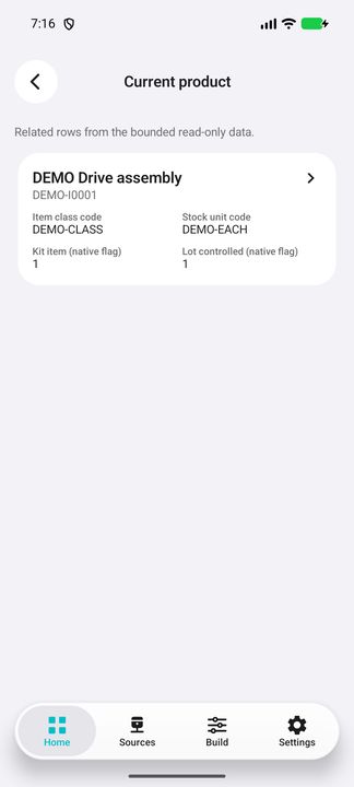 Current product opened from the stock record; complete product card with class, unit and control flags. — Native Cifru DEMO, entirely fictional; not a real ERP connection test.