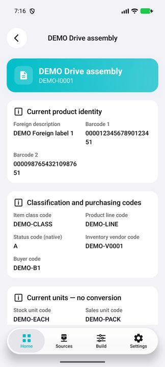 Product barcodes, foreign description, classification and purchasing codes. — Native Cifru DEMO, entirely fictional; not a real ERP connection test.