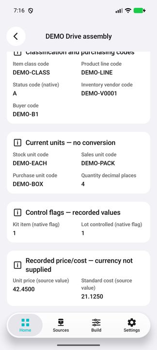 Distinct product units, recorded control flags and source price/cost with visible currency caveat. — Native Cifru DEMO, entirely fictional; not a real ERP connection test.