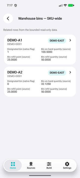 SKU-wide bin positions opened from stock; two complete cards with quantity and refill settings. — Native Cifru DEMO, entirely fictional; not a real ERP connection test.