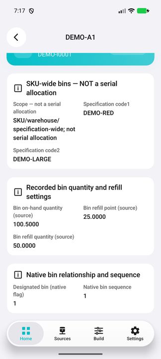 Bin Details, both specifications, refill values and sequence; visibly NOT a selected serial allocation. — Native Cifru DEMO, entirely fictional; not a real ERP connection test.
