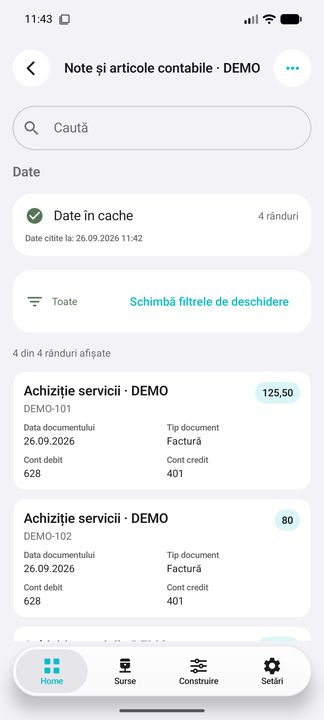 Lista în aplicația Cifru. Date demonstrative (DEMO), fără clienți sau valori comerciale reale.