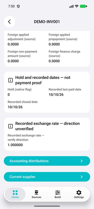 Invoice Details: recorded applied amounts, paid/closed dates, exchange-rate direction caveat and both related actions. — Native Cifru DEMO, entirely fictional; not a real ERP connection test.