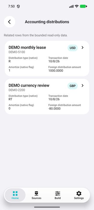 Accounting distributions actually opened from an invoice: complete cards with native types and separately recorded currencies. — Native Cifru DEMO, entirely fictional; not a real ERP connection test.