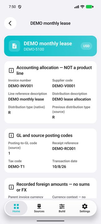 Allocation identity, native current/previous types, GL/receipt/tax codes; visibly NOT product invoice lines. — Native Cifru DEMO, entirely fictional; not a real ERP connection test.