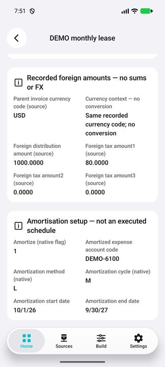 Recorded distribution amounts, own currency context and amortisation setup; no FX/tax/schedule recalculation. — Native Cifru DEMO, entirely fictional; not a real ERP connection test.