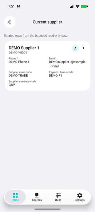 Current supplier actually opened from the invoice: complete card with classification, contact and current currency. — Native Cifru DEMO, entirely fictional; not a real ERP connection test.