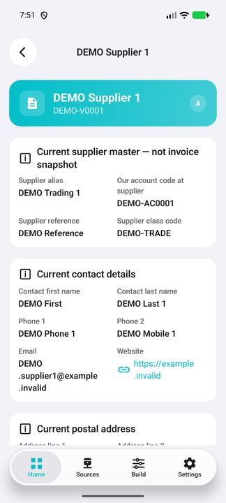 Current supplier master and contacts, explicitly not a historical invoice snapshot. — Native Cifru DEMO, entirely fictional; not a real ERP connection test.