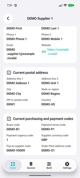 Current supplier postal/contact details, buyer and native payment/order-from codes. — Native Cifru DEMO, entirely fictional; not a real ERP connection test.