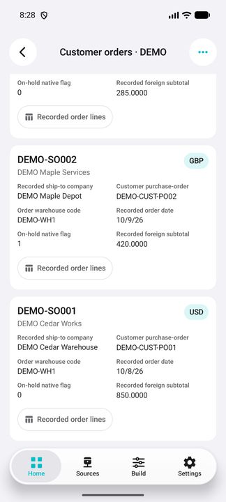 Complete customer-order cards: recorded customer PO, shipping company, warehouse, date, native hold flag, own currency and source subtotal. — Native Cifru DEMO, entirely fictional; not a real ERP connection test.