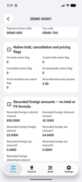 Order Details: native hold/cancellation/pricing flags and separately recorded foreign subtotal, discount, freight and tax amounts. — Native Cifru DEMO, entirely fictional; not a real ERP connection test.
