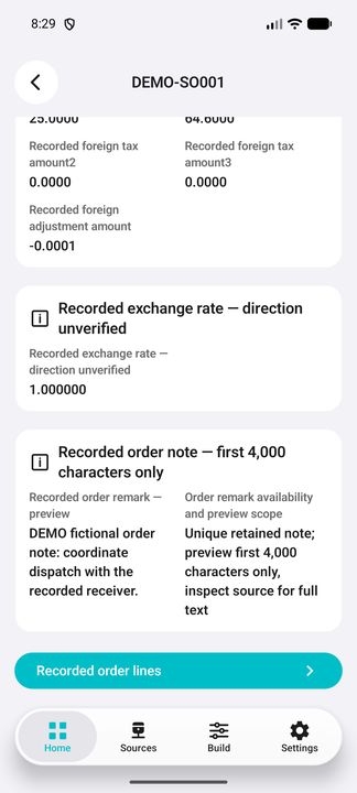 Order Details continuation: recorded exchange-rate caveat, bounded note preview and actually available line action. — Native Cifru DEMO, entirely fictional; not a real ERP connection test.