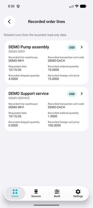 Recorded order lines actually opened: complete product/service cards with source ordered/shipped quantities, price, unit, request date and warehouse. — Native Cifru DEMO, entirely fictional; not a real ERP connection test.