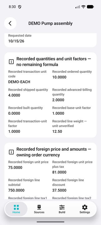 Recorded line quantities, distinct advanced-billing/built values, unit factors and separately retained foreign price/amount context. — Native Cifru DEMO, entirely fictional; not a real ERP connection test.