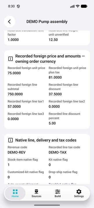 Line foreign prices, discounts and taxes in owning-order currency, plus native delivery, kit and tax codes. — Native Cifru DEMO, entirely fictional; not a real ERP connection test.