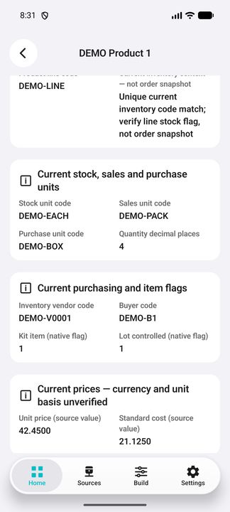 Current item units, purchasing/kit/lot fields and source price/cost with explicitly unverified currency and unit basis. — Native Cifru DEMO, entirely fictional; not a real ERP connection test.