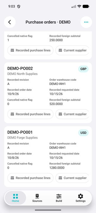 Complete purchase-order cards: recorded supplier, revision, warehouse, dates, native cancellation flag, own currency and source subtotal. — Native Cifru DEMO, entirely fictional; not a real ERP connection test.
