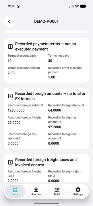 Recorded purchase-order terms, separate foreign subtotal, discount, freight and tax amounts; no total or exchange-rate calculation. — Native Cifru DEMO, entirely fictional; not a real ERP connection test.