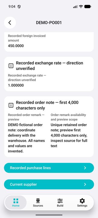 Order note preview, recorded exchange-rate caveat and both available sub-buttons for the recorded lines and current supplier. — Native Cifru DEMO, entirely fictional; not a real ERP connection test.