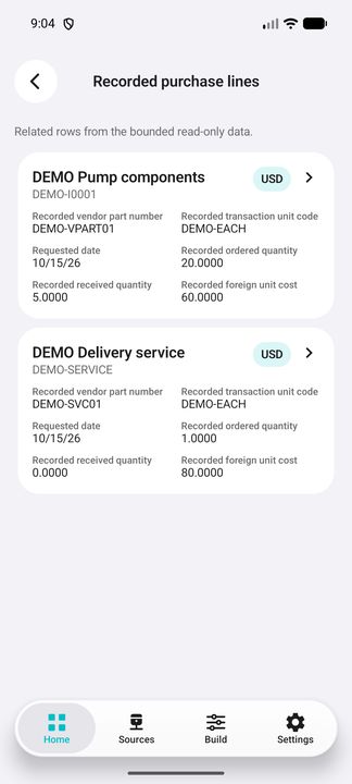 Recorded product and service lines actually opened: complete cards with ordered/received quantities, unit, requested date and source cost. — Native Cifru DEMO, entirely fictional; not a real ERP connection test.