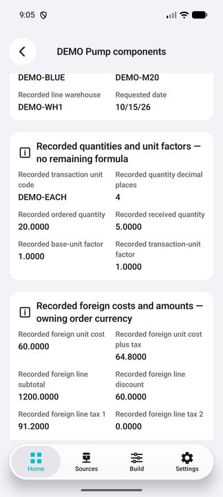Recorded line quantities and separate unit factors; foreign unit cost, cost plus tax, subtotal and discount in owning-order currency. — Native Cifru DEMO, entirely fictional; not a real ERP connection test.