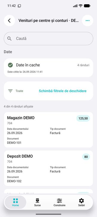 Lista în aplicația Cifru. Date demonstrative (DEMO), fără clienți sau valori comerciale reale.
