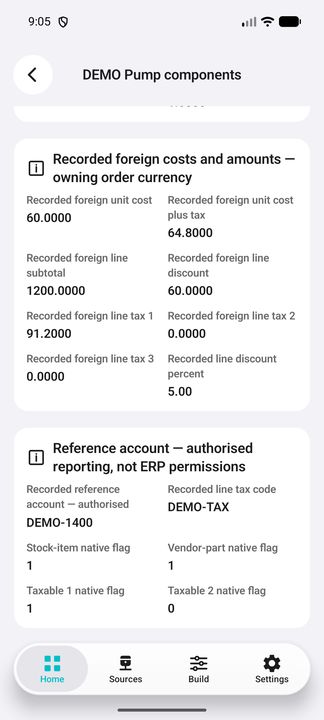 Recorded line costs and taxes, native stock/tax flags and reference account requiring authorised reporting access. — Native Cifru DEMO, entirely fictional; not a real ERP connection test.