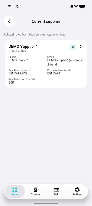Current supplier actually opened from the order: complete classification, contact, payment-code and current-currency card. — Native Cifru DEMO, entirely fictional; not a real ERP connection test.