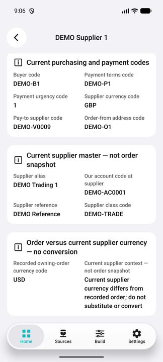 Current supplier purchasing/master details and explicit distinction between recorded order currency and current supplier currency. — Native Cifru DEMO, entirely fictional; not a real ERP connection test.