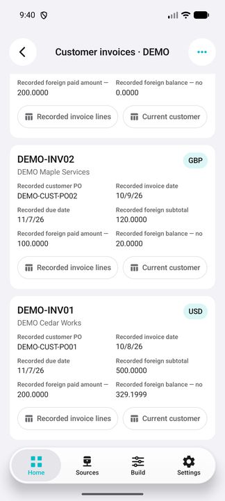 Complete invoice cards: recorded customer, PO reference, invoice/due dates, source currency, subtotal, paid amount and balance. — Native Cifru DEMO, entirely fictional; not a real ERP connection test.