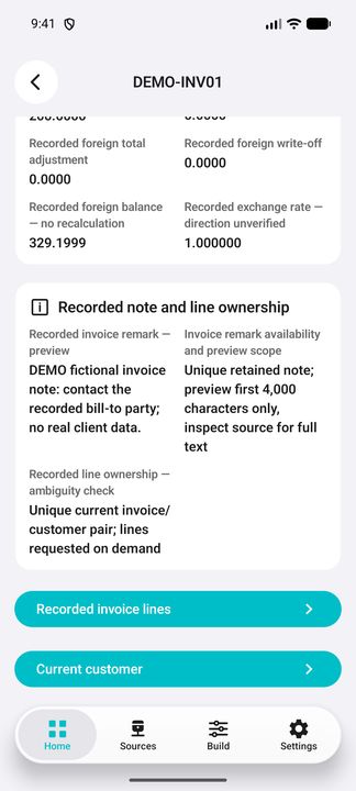 Invoice Details: source balance and exchange-rate caveat, explicit note preview, guarded line ownership and both actual root sub-buttons. — Native Cifru DEMO, entirely fictional; not a real ERP connection test.