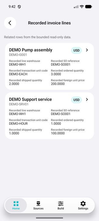 Recorded product and service lines actually opened: complete cards with own quantity, unit, warehouse, SO reference and invoice-currency price. — Native Cifru DEMO, entirely fictional; not a real ERP connection test.