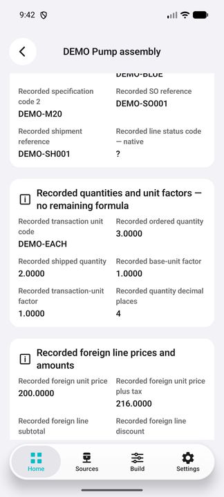 Line Details: distinct ordered/shipped quantities and unit factors, plus recorded unit price and price plus tax; no remaining or conversion formula. — Native Cifru DEMO, entirely fictional; not a real ERP connection test.