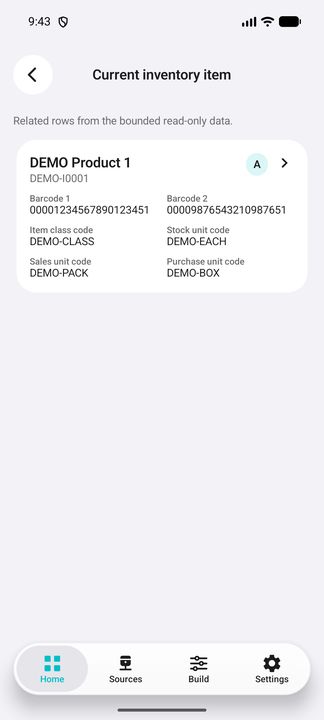 Current product actually opened from the recorded line: complete class, barcode and distinct stock/sales/purchase-unit card. — Native Cifru DEMO, entirely fictional; not a real ERP connection test.