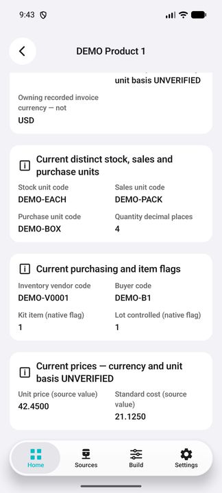 Current product Details: units, buyer/vendor and kit/lot flags; source price and cost with explicitly unverified currency and unit basis. — Native Cifru DEMO, entirely fictional; not a real ERP connection test.