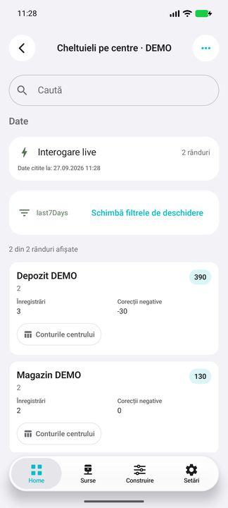 Lista în aplicația Cifru. Date demonstrative (DEMO), fără clienți sau valori comerciale reale.