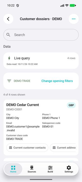 Customer dossiers with the actual class opening filter, complete customer card, current currency and contact/classification fields. — Native Cifru DEMO, entirely fictional; not a real ERP connection test.