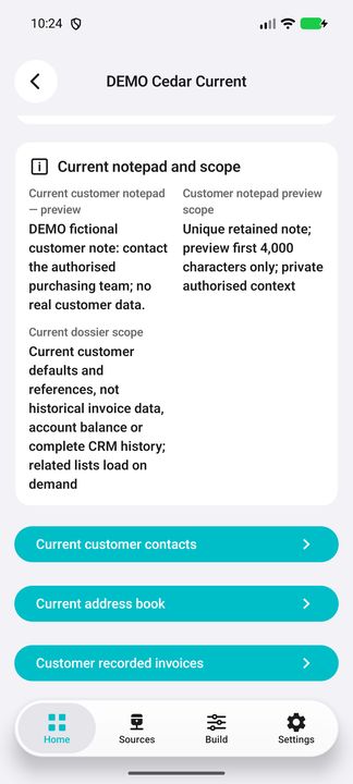 Current customer note preview and scope; all three actual actions: contacts, current address book and recorded invoices. — Native Cifru DEMO, entirely fictional; not a real ERP connection test.