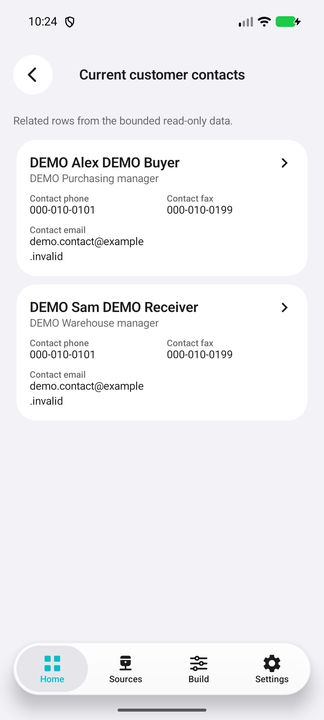 Current customer contacts actually opened: complete name, role, phone, fax and email cards for this customer only. — Native Cifru DEMO, entirely fictional; not a real ERP connection test.