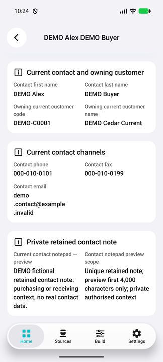 Contact Details: owning current customer, complete contact channels and guarded private retained note preview. — Native Cifru DEMO, entirely fictional; not a real ERP connection test.