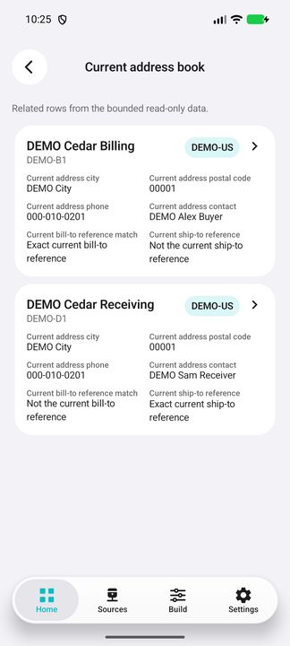 Current address book actually opened: complete cards, contact fields and exact own-customer bill-to/ship-to reference matches. — Native Cifru DEMO, entirely fictional; not a real ERP connection test.
