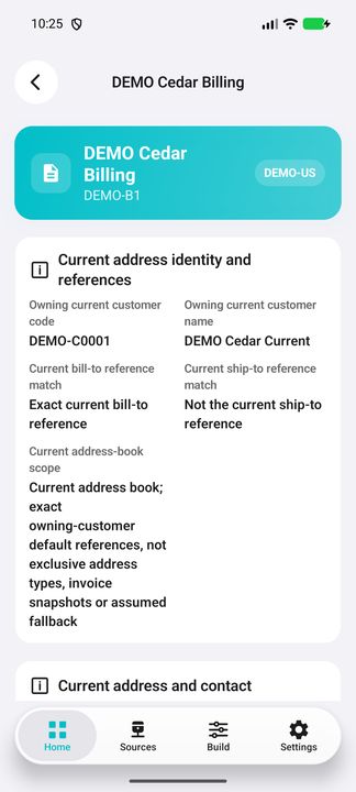 Address Details identify its owning customer and exact current default references, not historical invoice addresses or exclusive roles. — Native Cifru DEMO, entirely fictional; not a real ERP connection test.